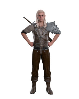 Fantezi Elf savaşçısı elleri kalçasında duran sırtında kılıç taşıyan adam. İzole edilmiş üç boyutlu illüstrasyon.