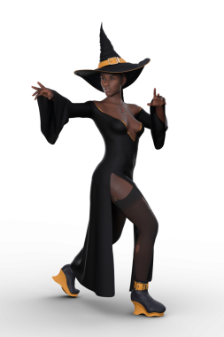 Seksi kostümlü güzel siyah cadı bir büyü yapıyor. İzole edilmiş üç boyutlu illüstrasyon.