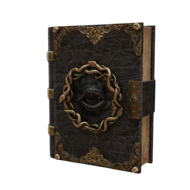 Kapağında gözü olan antik büyü kitabı Grimoire. İzole edilmiş üç boyutlu illüstrasyon.