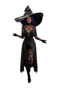 Büyük sivri uçlu şapkalı ve siyah kostümlü cadılar bayramı cadısı. İzole edilmiş 3B görüntüleme.
