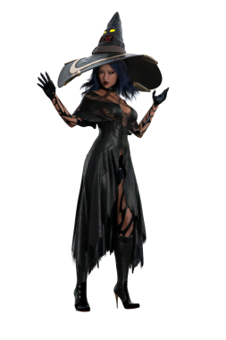 Mor saçlı, elleri havada bir cadılar bayramı cadısının vücut portresi. İzole edilmiş 3B görüntüleme.