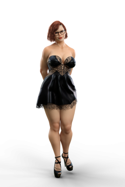 Kısa siyah elbisesi ve yüksek topuklu ayakkabıları olan sevimli, iri yapılı inek kız. İzole edilmiş üç boyutlu illüstrasyon.