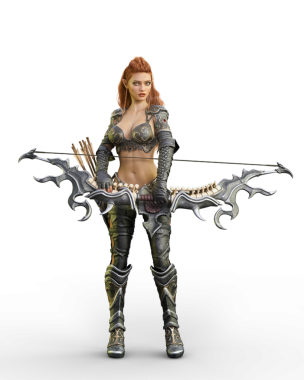 Güzel fantezi elf kadın savaşçı büyük yeşil yay ve ok kılıflı. 3B resimleme izole edildi.