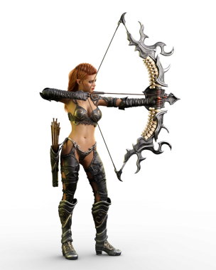 Fantezi dişi elf okçusu yayıyla bir oku doğrultuyor. 3B görüntüleme izole edildi.