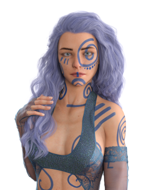 Mavi saçlı ve dövmeli güzel bir büyücü kadının portresi. 3B resimleme izole edildi.