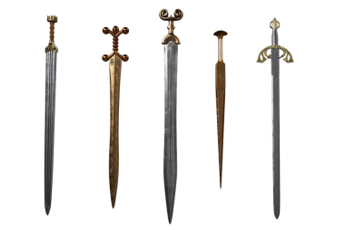 Beş Ortaçağ fantezi kılıç seti izole edildi. 3B görüntüleme.