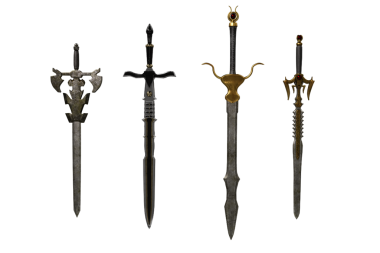 Beyazlar üzerinde izole edilmiş 4 farklı ortaçağ kılıcı. 3B görüntüleme.