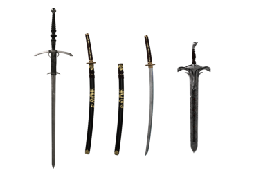 Kılıçlı Japon Katana kılıcı ve iki fantezi kılıcı daha. 3B görüntüleme izole edildi.