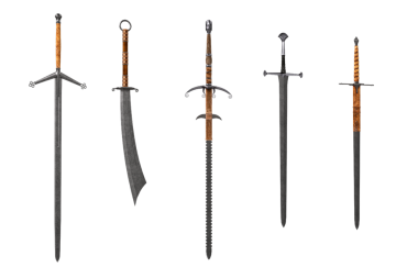 5 fantezi ortaçağ kılıcı. 3B illüstrasyon beyaz üzerine izole edildi.
