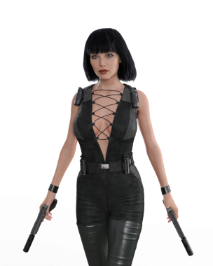 İki silahı olan güzel siyah saçlı, fantezi suikastçı kadın. 3B görüntüleme izole edildi.