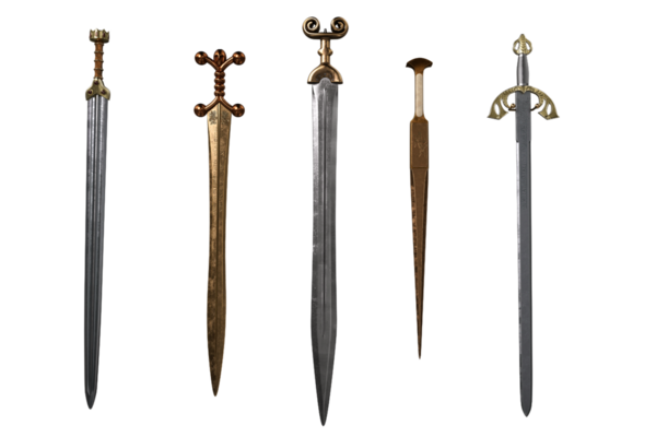 Beş Ortaçağ fantezi kılıç seti izole edildi. 3B görüntüleme.