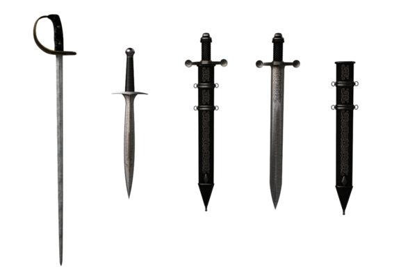 Çeşitli fantezi ortaçağ kılıçları izole edilmiş. 3B illüstrasyon.