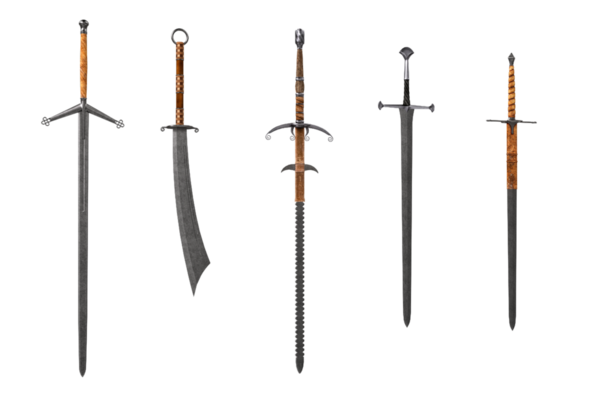 5 fantezi ortaçağ kılıcı. 3B illüstrasyon beyaz üzerine izole edildi.