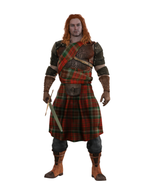 Güçlü, kaslı, kızıl saçlı, İskoç eteği giyen ve büyük bir kılıç tutan bir savaşçı. 3B görüntüleme izole edildi.