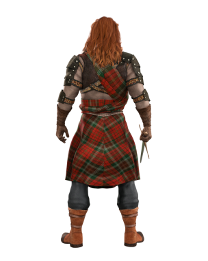 Kızıl saçlı, etek giyen ve elinde büyük bir kılıç tutan güçlü, kaslı İskoç savaşçısının arka görüntüsü. 3B görüntüleme izole edildi.