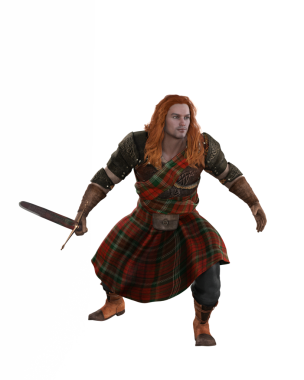 Kızıl saçlı, tartan kostümü giyen İskoçyalı savaşçı mayınlı kılıçla savaşmaya hazır. 3B görüntüleme izole edildi.