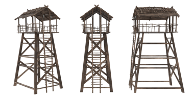 Ortaçağ ahşap gözetleme kulesi 3 açıdan görülüyor. 3B resimleme izole edildi.