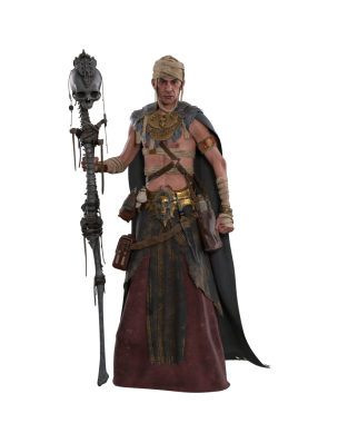 Fantezi büyücüsü kara büyü büyücüsü ya da büyücü doktor elinde kafatasıyla sihirli asa tutuyor. 3B resimleme izole edildi.