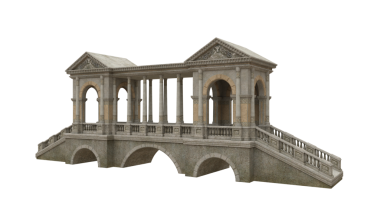 Açık kahverengi ortaçağ klasik sütunlar ve kemerler ile kaplı taş köprü. 3B resimleme izole edildi.