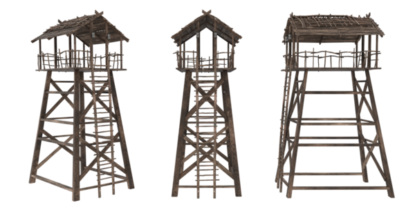 Ortaçağ ahşap gözetleme kulesi 3 açıdan görülüyor. 3B resimleme izole edildi.