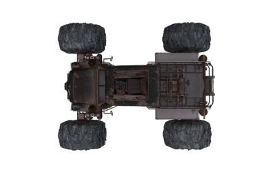 Devasa tekerlekleri olan kıyamet sonrası siyah arazi aracının tepeden görünüşü. 3d resimleme izole edildi.