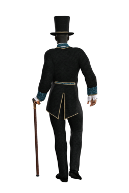 Regency kostümü giyen atletik bir adam kameraya dönük baston ile ayakta duruyor. 3B görüntüleme izole edildi.