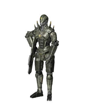 Elinde silahla nöbet tutan gelecekçi robot asker. 3B resimleme izole edildi.