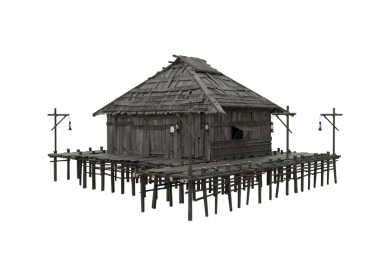 Eski ahşap bataklık evinin su üzerine sazlıklar üzerine inşa edilmiş köşe perspektifi. 3d görüntüleme izole edildi.