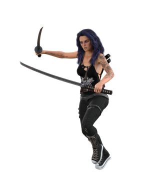 Genç gotik şehir fantezi savaşçısı kadın iki katana kılıcıyla dövüşüyor. 3B resimleme izole edildi.
