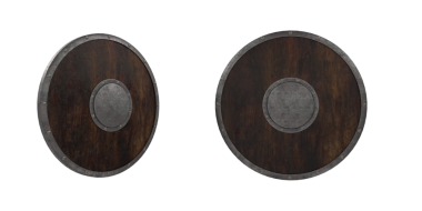 Düz bir ortaçağ Viking kalkanının 3 boyutlu görüntüsü. 2 açı izole.