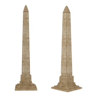 Hiyerogliflerle süslenmiş eski Mısır taş dikilitaşı. 2 görünümlü izole edilmiş 3B görüntüleme.