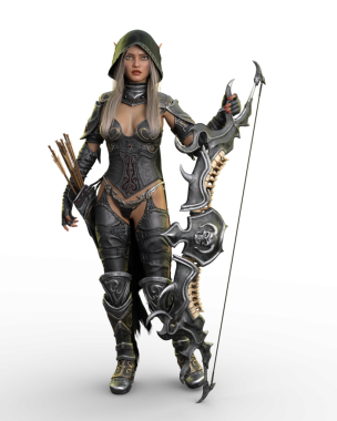 Güzel fantezi elf savaşçısı kadın zırhlı ve kapüşonlu pelerinli elinde yay tutuyor. Şeffaf arkaplanda 3 boyutlu görüntüleme portresi izole.