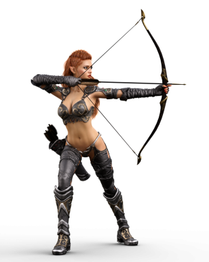 Güzel kızıl saçlı kara elf okçu kadın hedefine bir ok doğrultuyor. Şeffaf arkaplanda 3B görüntüleme izole edildi.