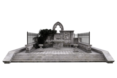 Taş kemerli Gotik avlu ve önünde basamakları olan çeşme ve demir parmaklıklı çit. Şeffaf arkaplanda 3B görüntüleme izole edildi.