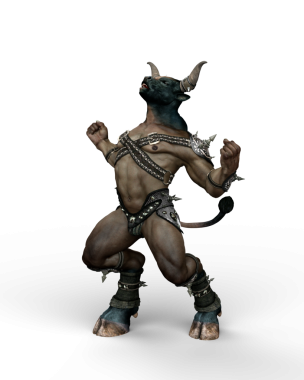 Bir Minotaur, Yunan mitolojisindeki efsanevi yaratık, gökyüzüne kükreyen. Şeffaf bir arkaplanda 3 boyutlu resimleme izole edildi.