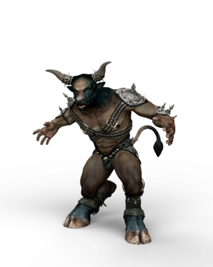 Bir Minotaur, Yunan mitolojisindeki efsanevi canavar, dövüş pozisyonunda. Şeffaf bir arkaplanda 3 boyutlu resimleme izole edildi.