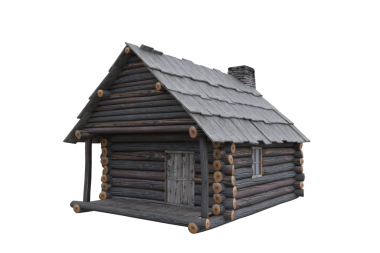 Şeffaf bir arkaplanda izole edilmiş ahşap bir kütük kulübesinin 3 boyutlu görüntülenmesi.