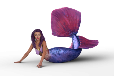 Pembe bikinili güzel bir deniz kızı yerde oturuyor. Şeffaf bir arkaplanda 3 boyutlu resimleme izole edildi.