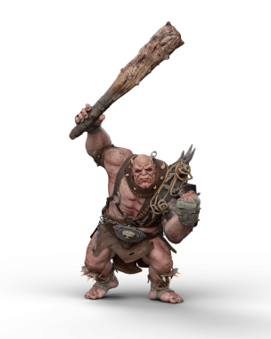 Büyük bir sopa silahıyla savaş pozisyonunda büyük agresif bir dev. Şeffaf bir arkaplanda 3 boyutlu resimleme izole edildi.