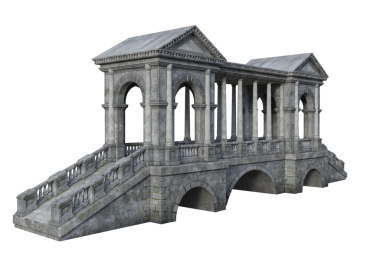 Saydam bir arkaplan üzerinde izole edilmiş çatı, kemerli pencereler ve sütunlar ile eski bir gri taş köprünün 3 boyutlu görünümü.