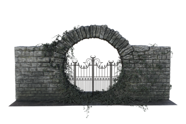 Sarmaşıkla kaplı yuvarlak taştan bir kemerin içindeki siyah demir kapı. Şeffaf arkaplanda 3 boyutlu resimleme izole edildi.