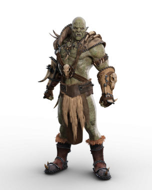 Vahşi mitolojik Ork canavarı barbar zırhı içinde agresif duruşu ve ifadesiyle ayakta duruyor. Şeffaf arkaplanda 3 boyutlu resimleme izole edildi.