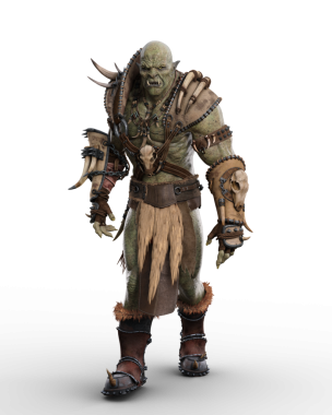 Fantezi Savaşçısı Ork karakteri yürüyüş pozisyonunda barbar kostümü giyiyor. Şeffaf arkaplanda 3B görüntüleme izole edildi.