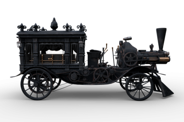 Buharlı bir cenaze arabasının yan görüntüsü. Steampunk Cadılar Bayramı konsepti 3D illüstrasyon şeffaf bir arkaplan izole.