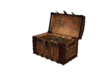 Altın paraları gösteren açık kapaklı eski ahşap hazine sandığı. Şeffaf bir arkaplanda 3 boyutlu resimleme izole edildi.