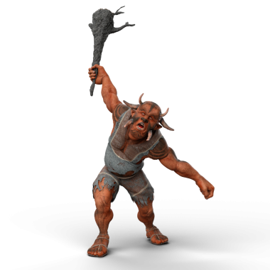 Saydam bir arkaplanda izole edilmiş büyük bir tahta sopa silahı sallayan fantezi bir Trol yaratığının üç boyutlu çizimi..