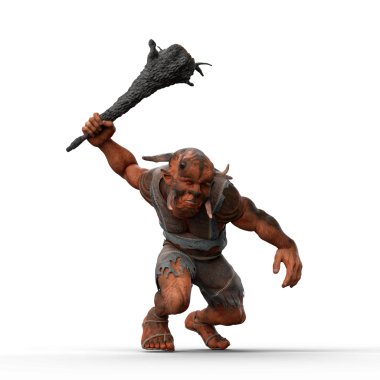 Şeffaf bir arkaplanda izole edilmiş, büyük bir tahta sopa silahı sallayan dev bir Trol 'ün üç boyutlu çizimi..