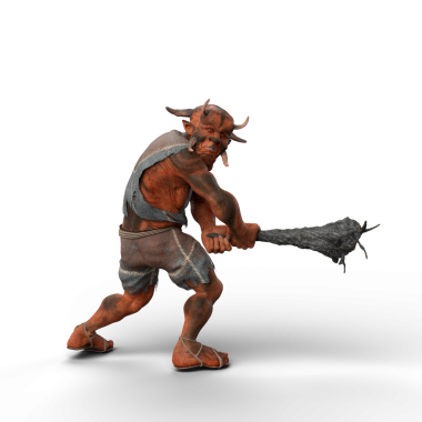 Büyük bir sopa silahı tutan ve omzunun üstünden bakan şeffaf bir arka planda 3 boyutlu bir Trol tasviri..