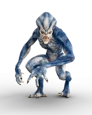 Keskin dişleri, pençeleri ve tehdit edici bakışlarıyla kameraya doğru sürünen vahşi görünümlü uzaylı yaratık. Şeffaf arkaplanda 3 boyutlu resimleme izole edildi.