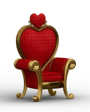 Şeffaf bir arkaplanda kalp şeklindeki taht koltuğunun 3D açılı görüntüsü. Sevgililer Günü konsepti.